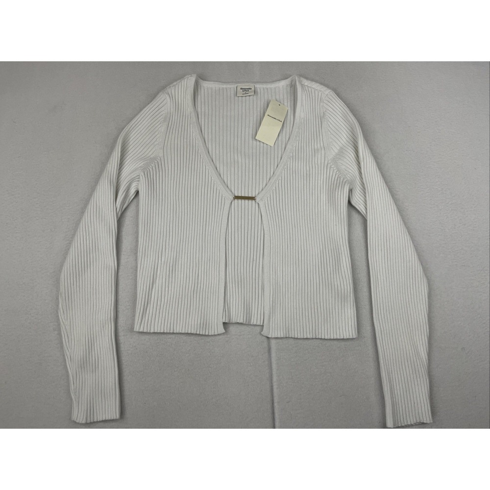 Abercrombie & Fitch Slim Bar Hardware Ribbed Knit Crop Cardigan White S 150-491